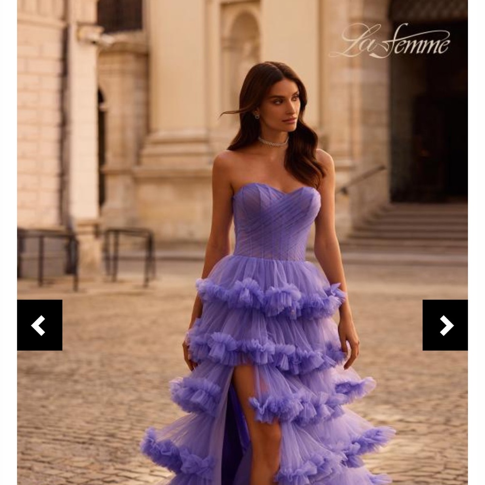 La Femme Strapless Purple Evening Gown